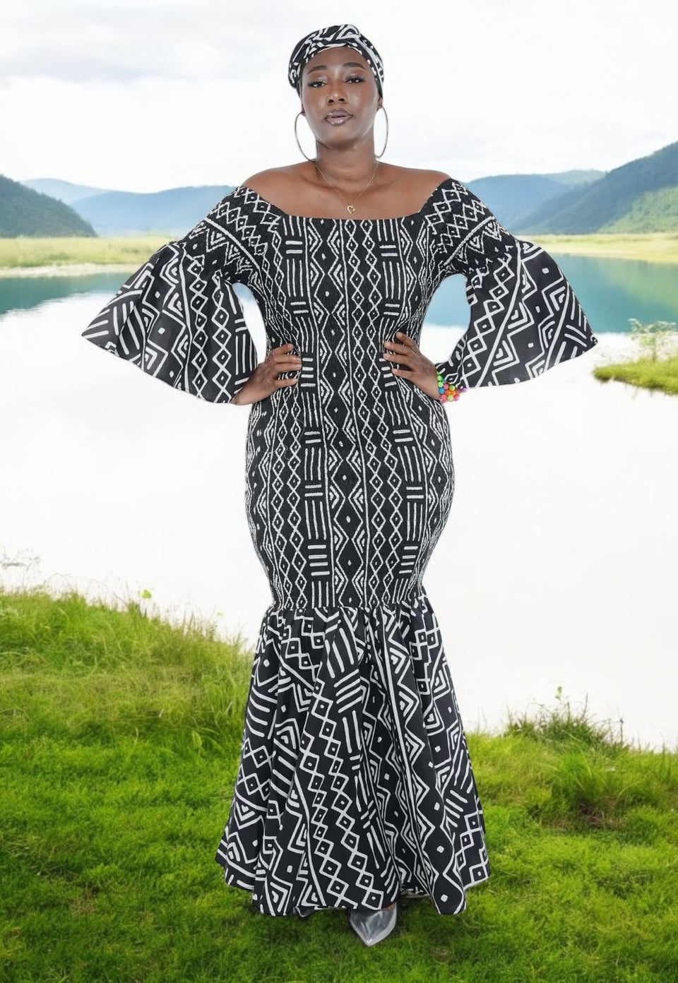 Black and White Mermaid Style African dress, Free Size