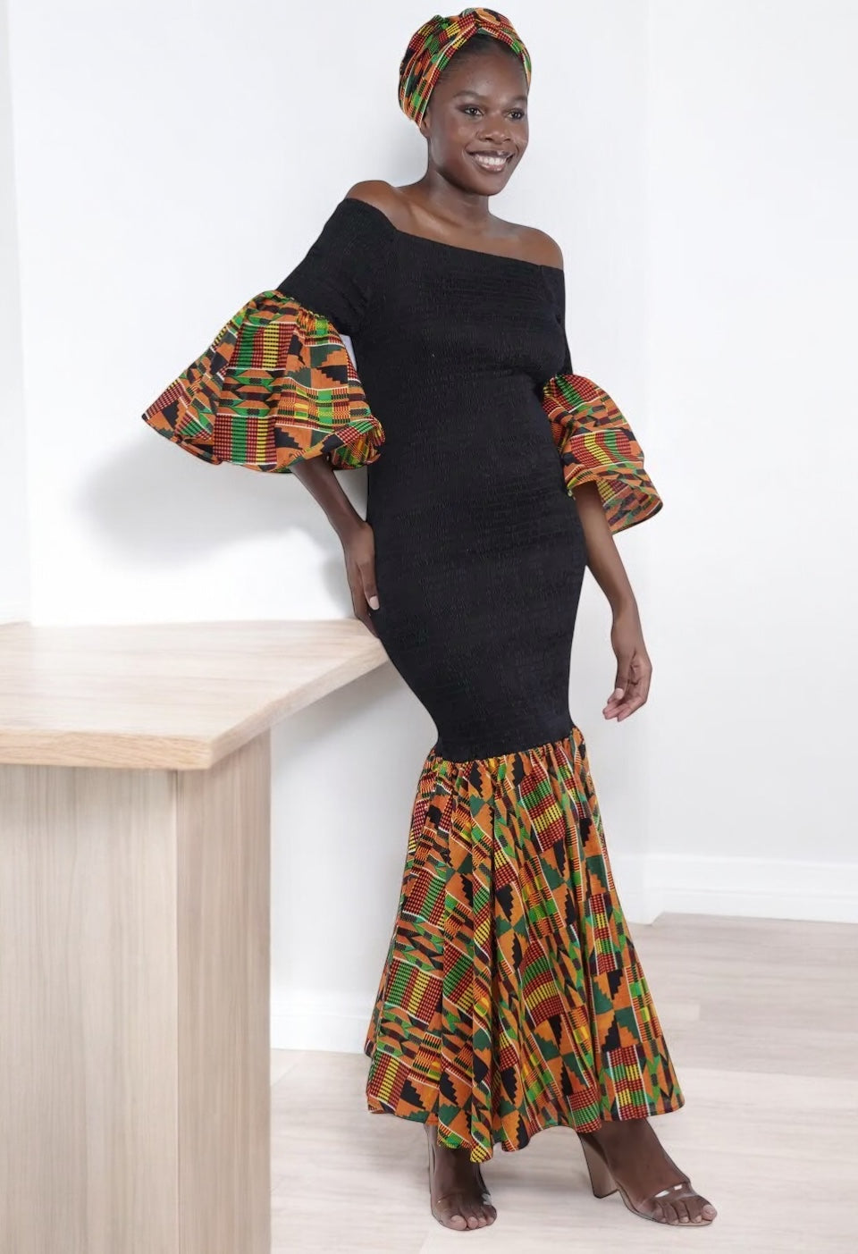 Kente Accent African Mermaid Style Dress, Freesize